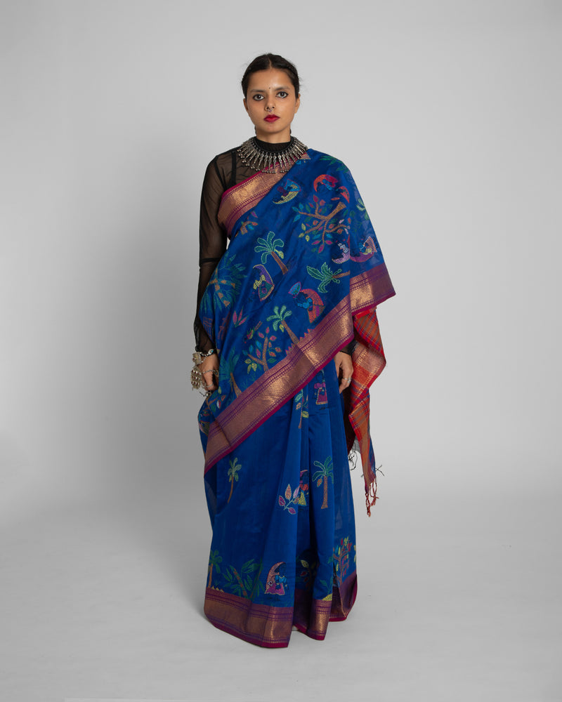 Exclusive Kantha Embroidered Pure Muga Silk Saree
