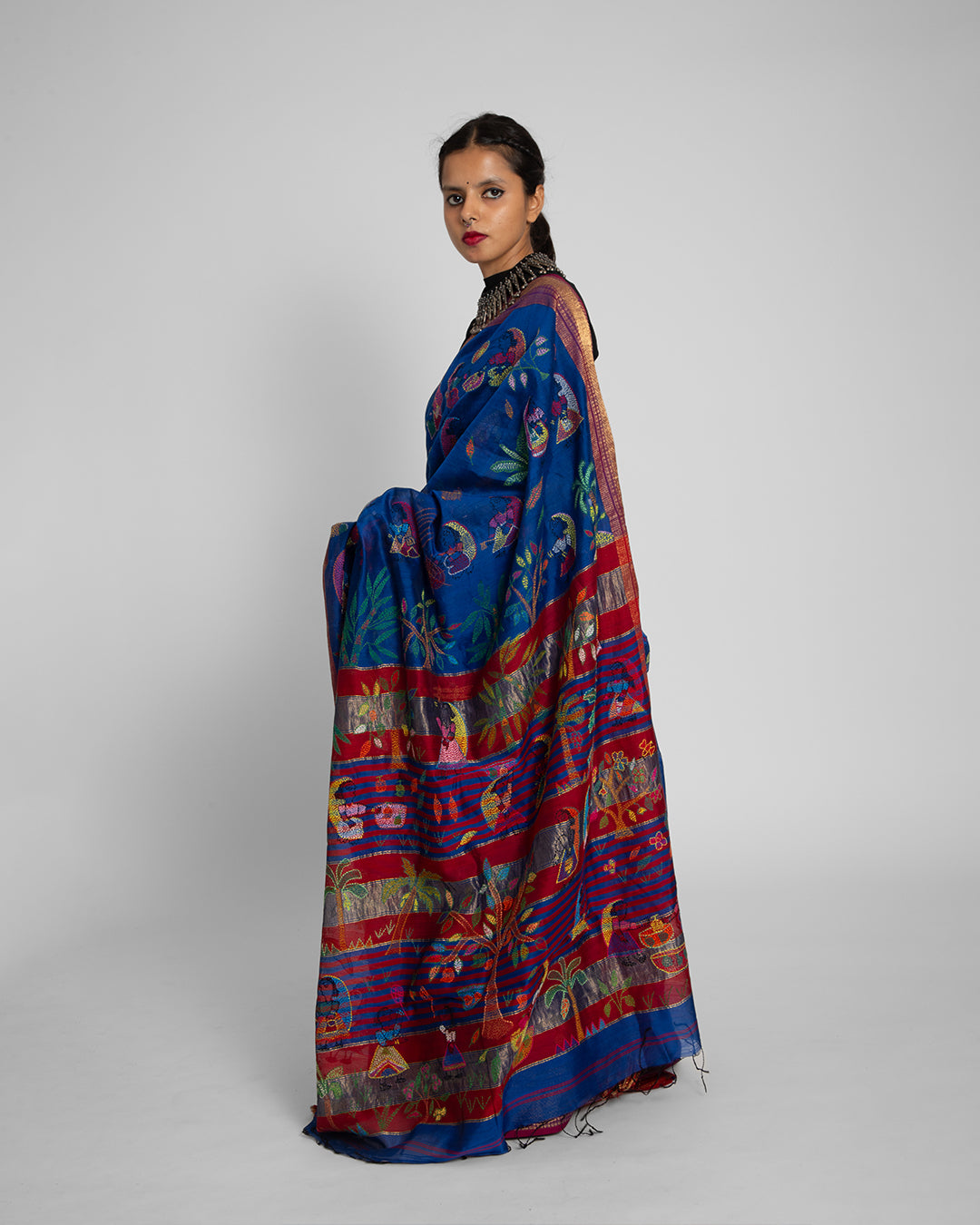 Exclusive Kantha Embroidered Pure Muga Silk Saree