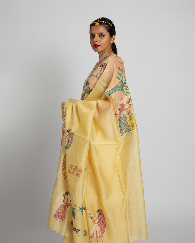 Exclusive Kantha Embroidered Pure Muga Silk Saree