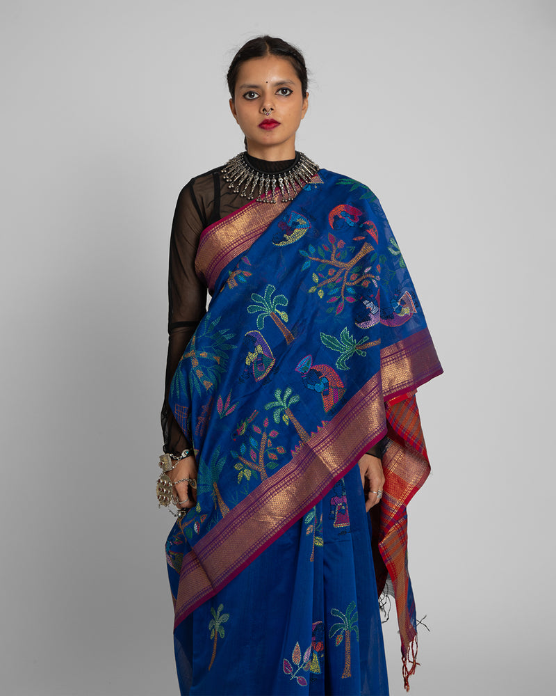 Exclusive Kantha Embroidered Pure Muga Silk Saree