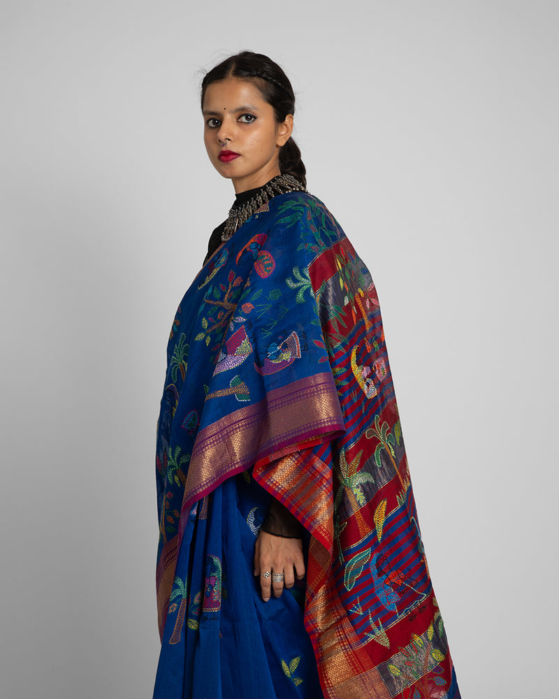 Exclusive Kantha Embroidered Pure Muga Silk Saree