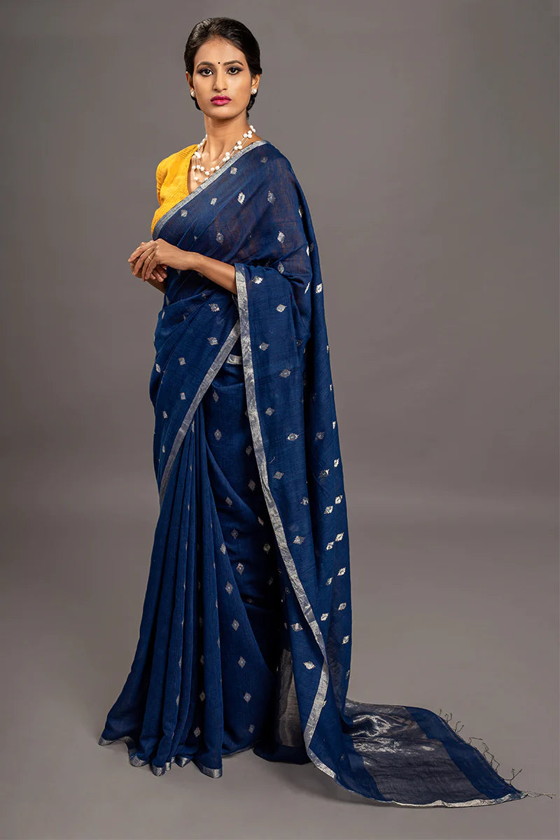 Navy Blue Zari Jamdani Pure Tussar Khadi Handloom Sari