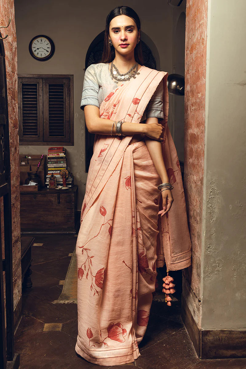 'Koumari' Poppy Pink Linen Handloom Sari