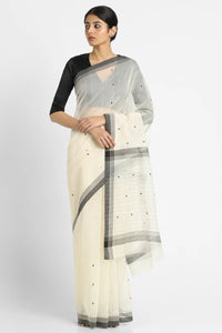 Cream and Black Phool Buti Saree