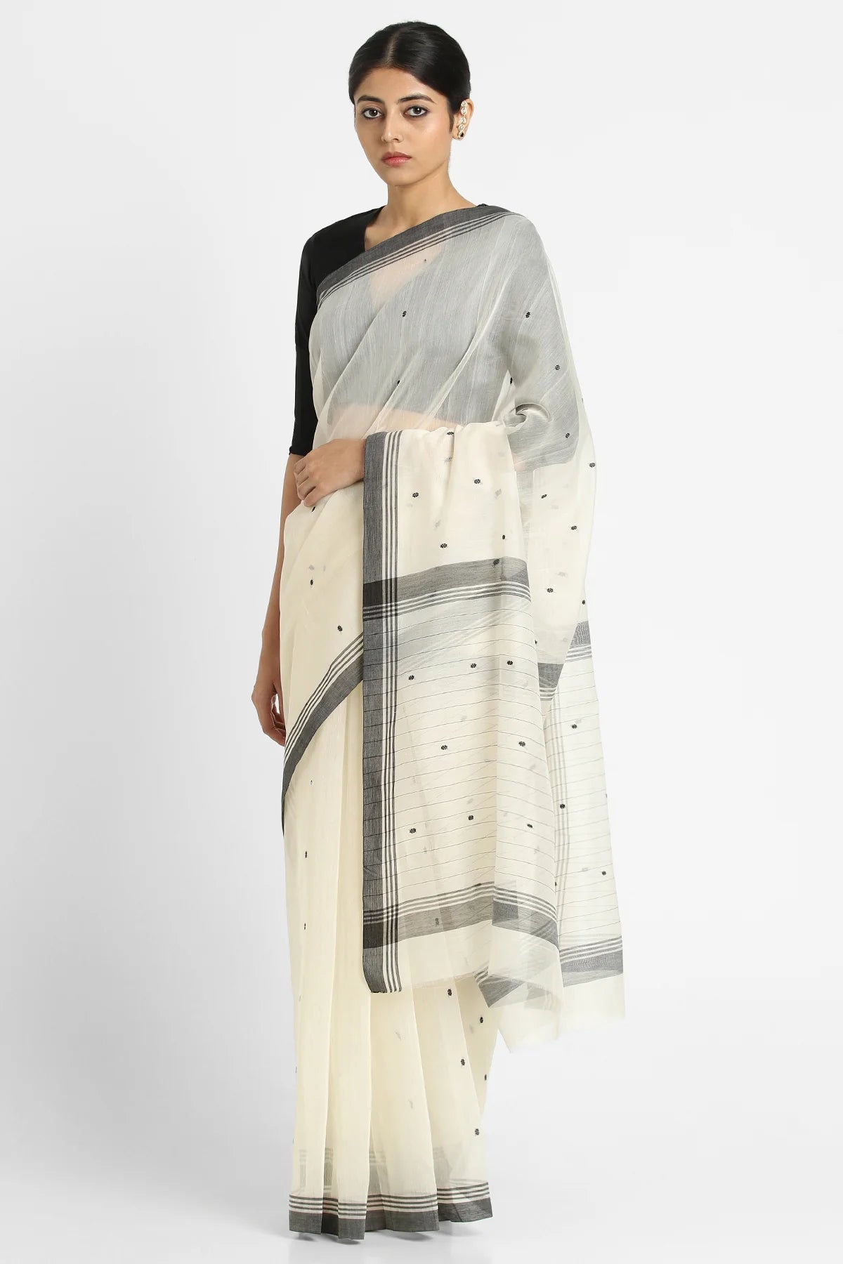 Cream and Black Phool Buti Saree