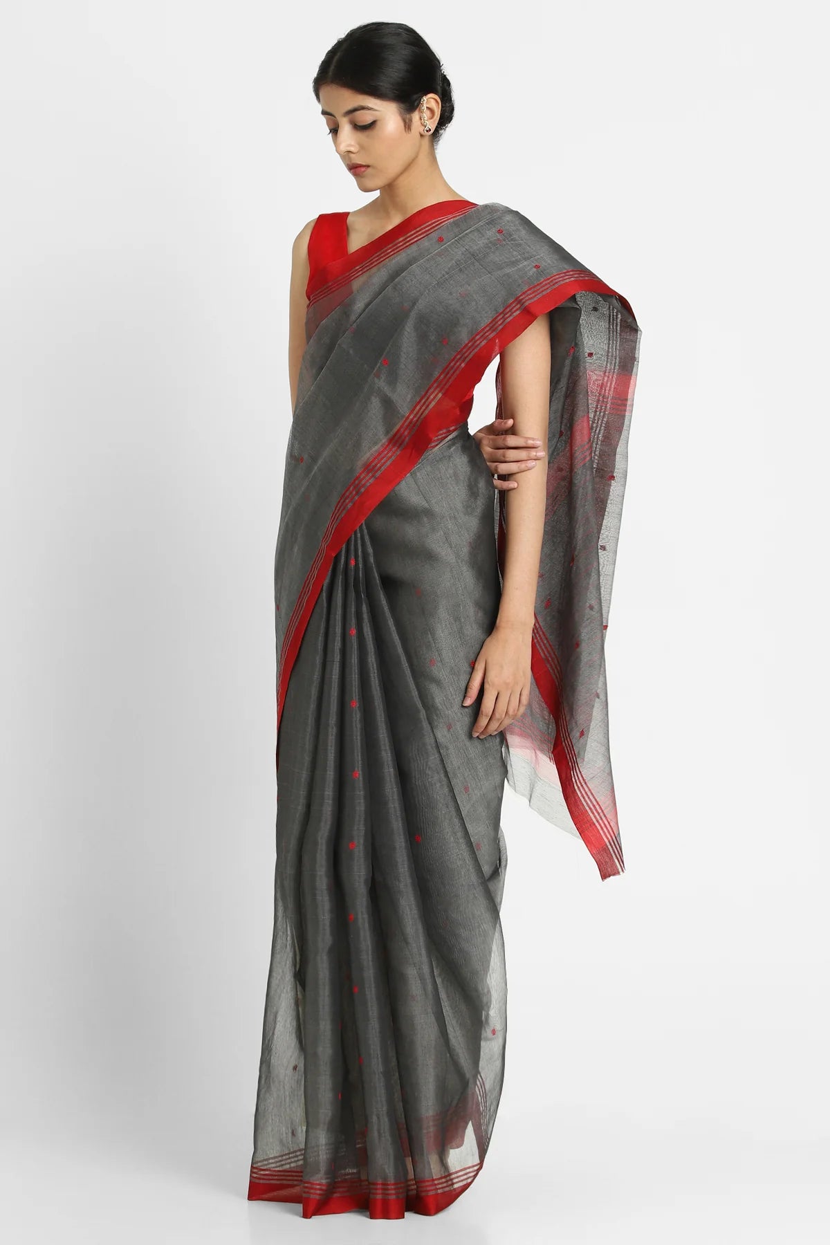 Charcoal and Red Phool Buti Saree