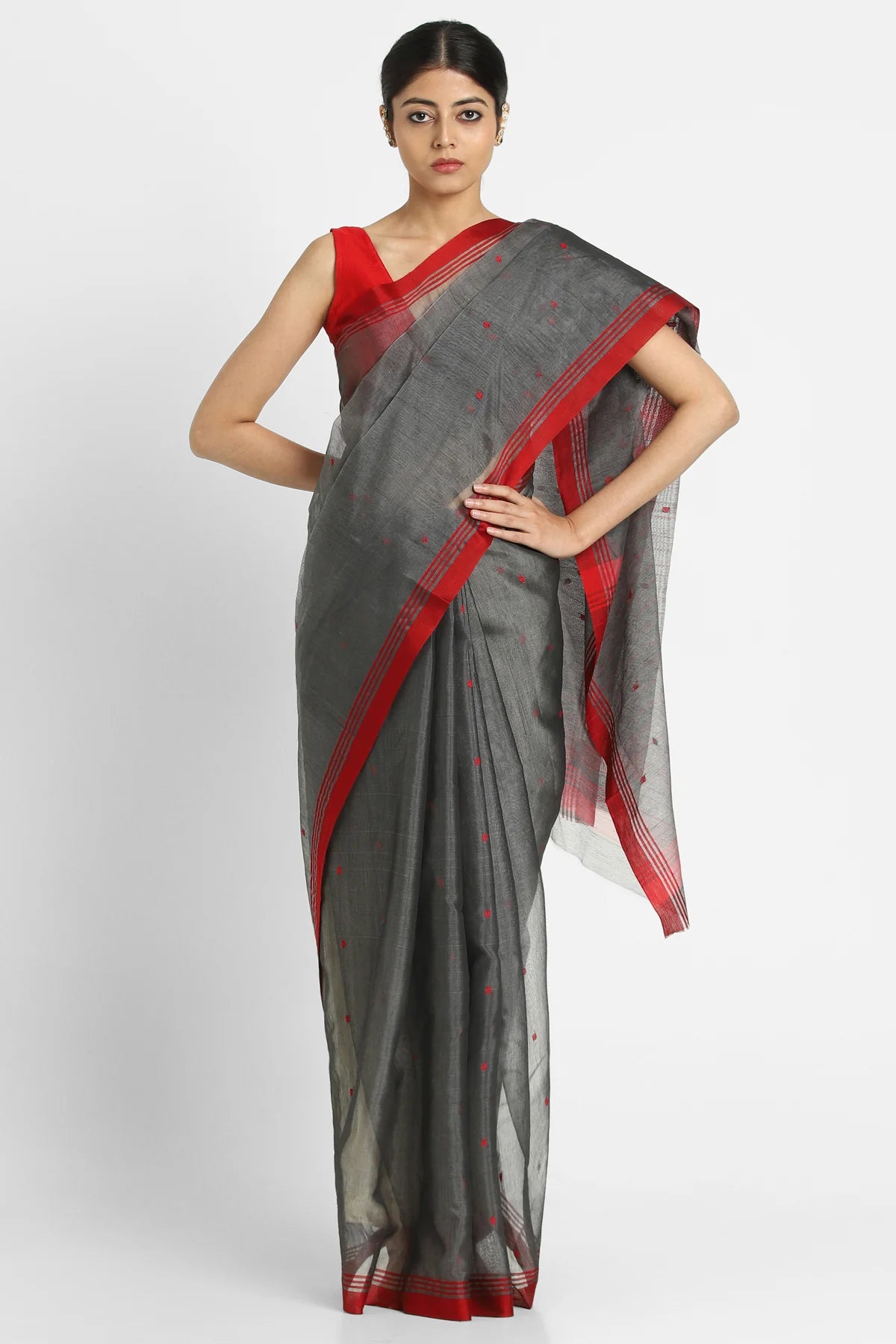 Charcoal and Red Phool Buti Saree