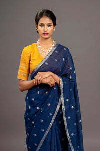 Navy Blue Zari Jamdani Pure Tussar Khadi Handloom Sari