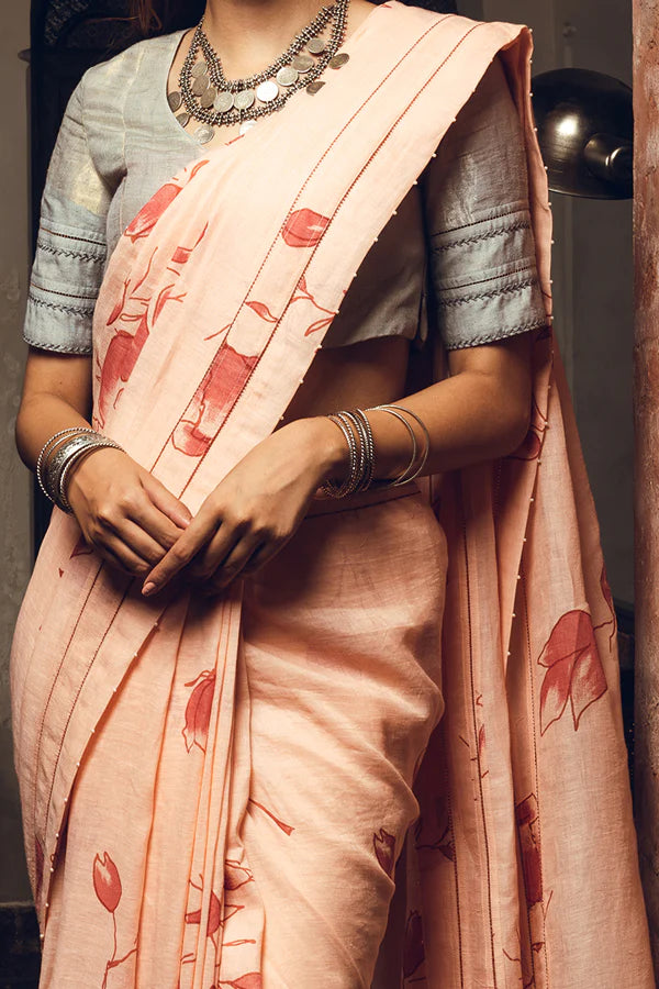 'Koumari' Poppy Pink Linen Handloom Sari