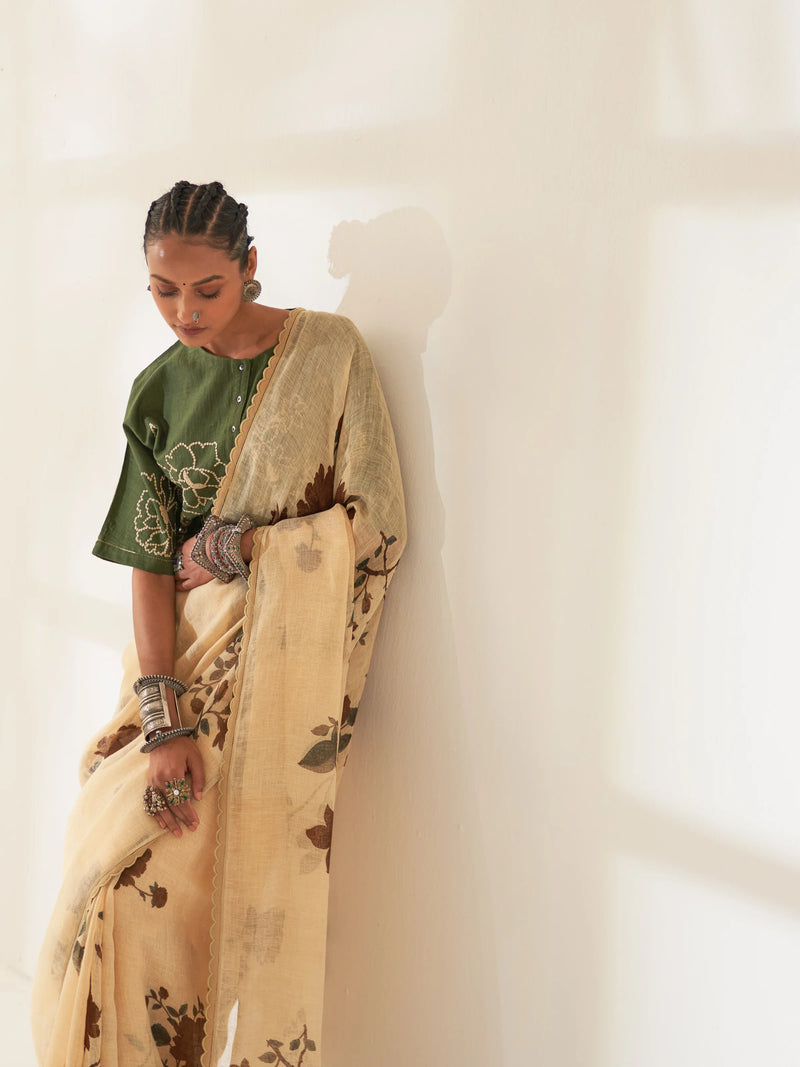 'Mahogany' Pure Linen Handloom Sari