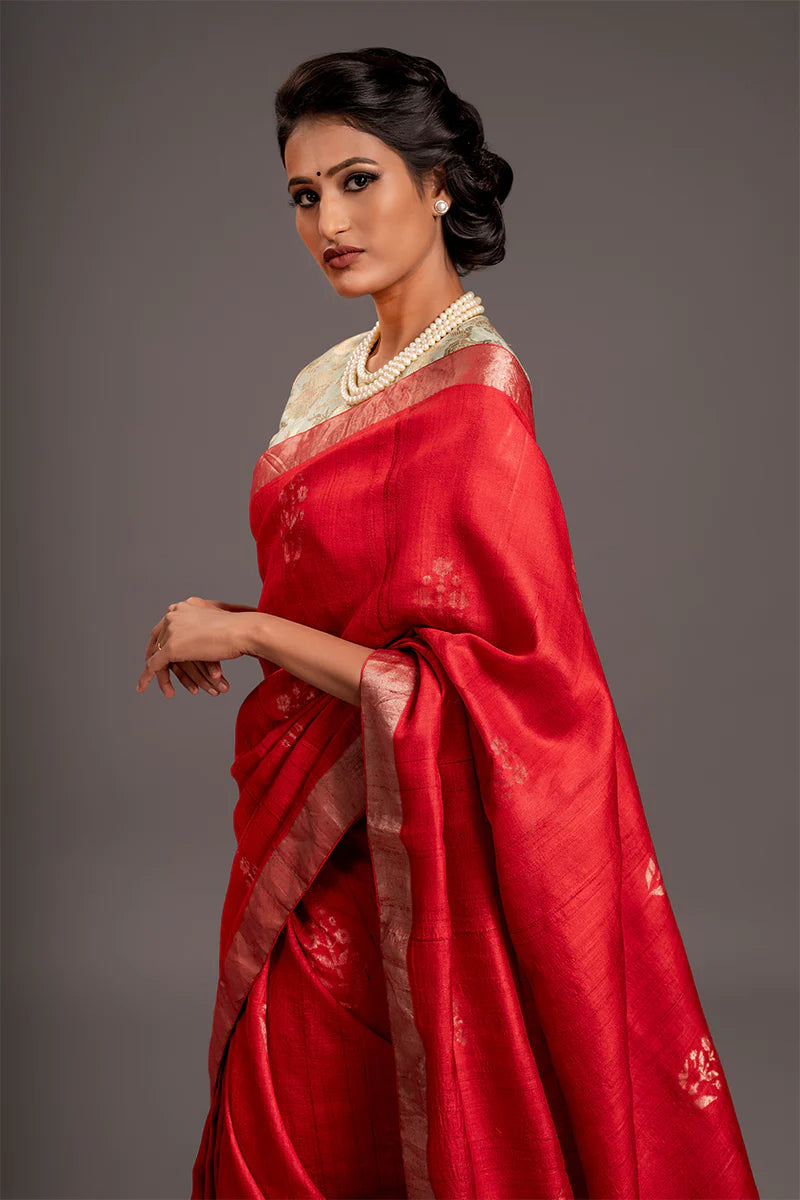 Scarlet Red Zari Jamdani Pure Tussar Handloom Sari