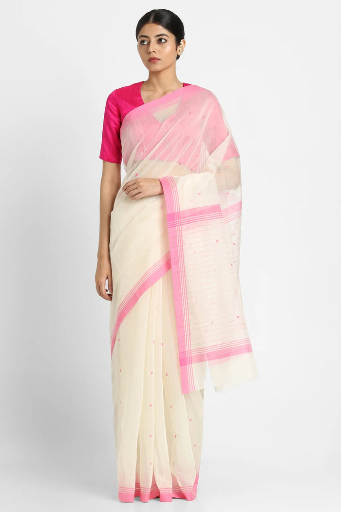 Cream and Pink Phool Buti Saree