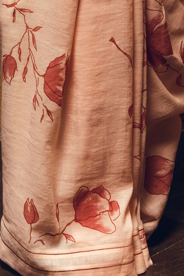 'Koumari' Poppy Pink Linen Handloom Sari