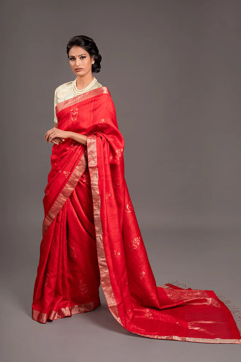 Scarlet Red Zari Jamdani Pure Tussar Handloom Sari