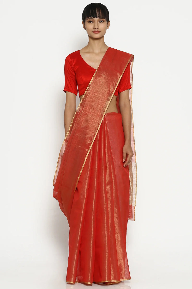 Scarlet gold silk tissue chanderi sari