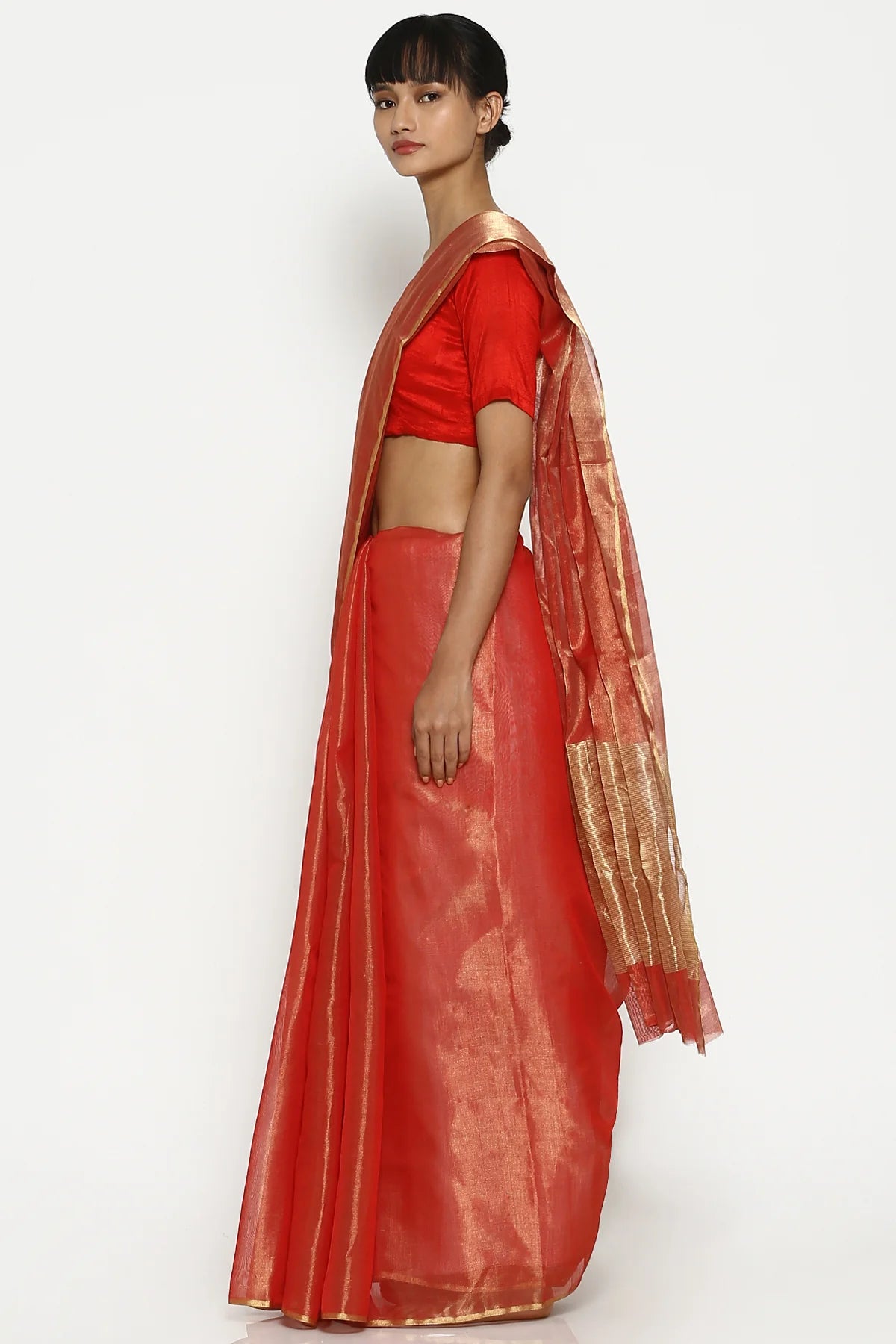 Scarlet gold silk tissue chanderi sari