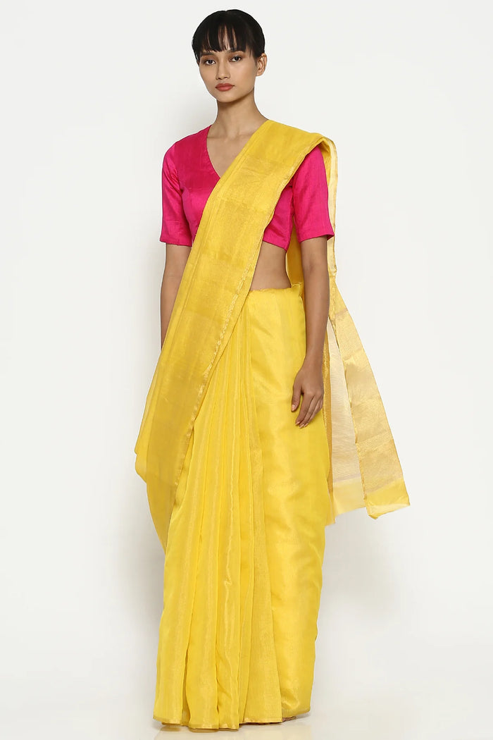 Canary yellow silk tissue chanderi sari