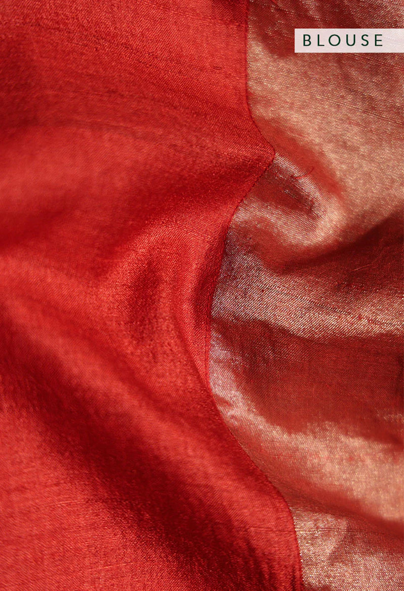 Scarlet Red Zari Jamdani Pure Tussar Handloom Sari