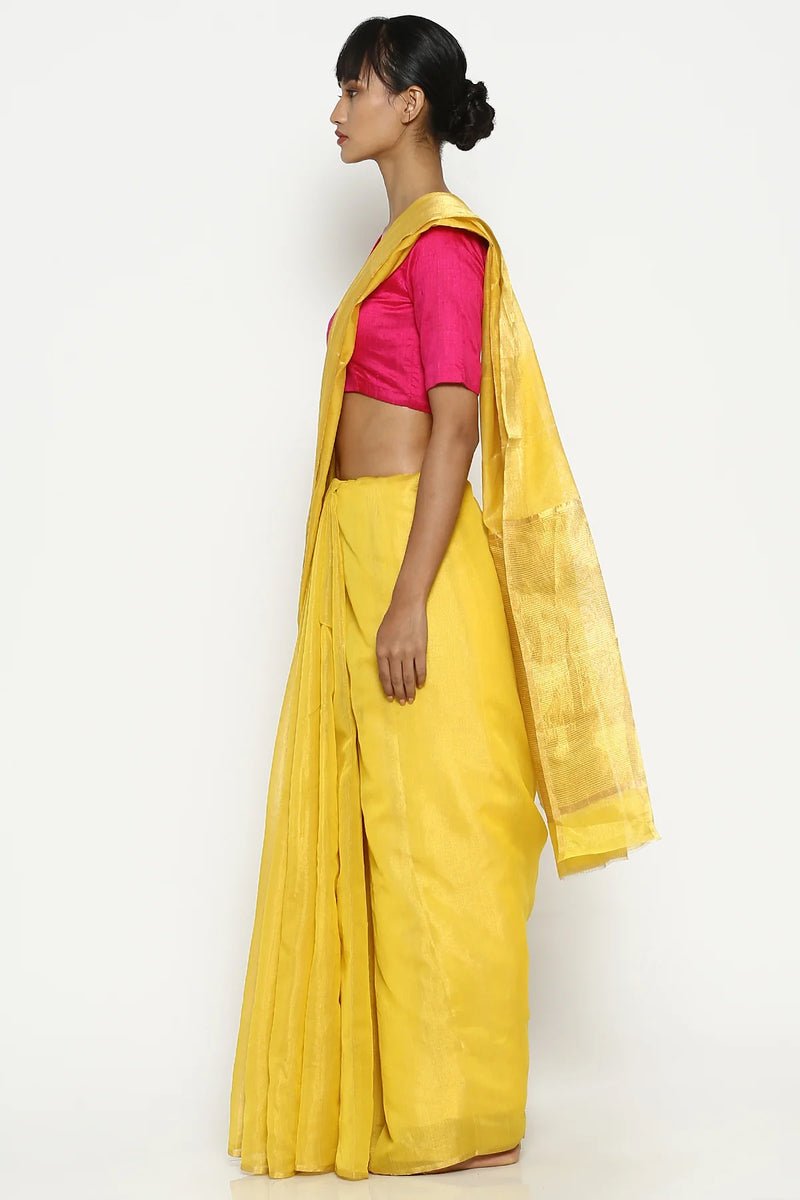 Canary yellow silk tissue chanderi sari