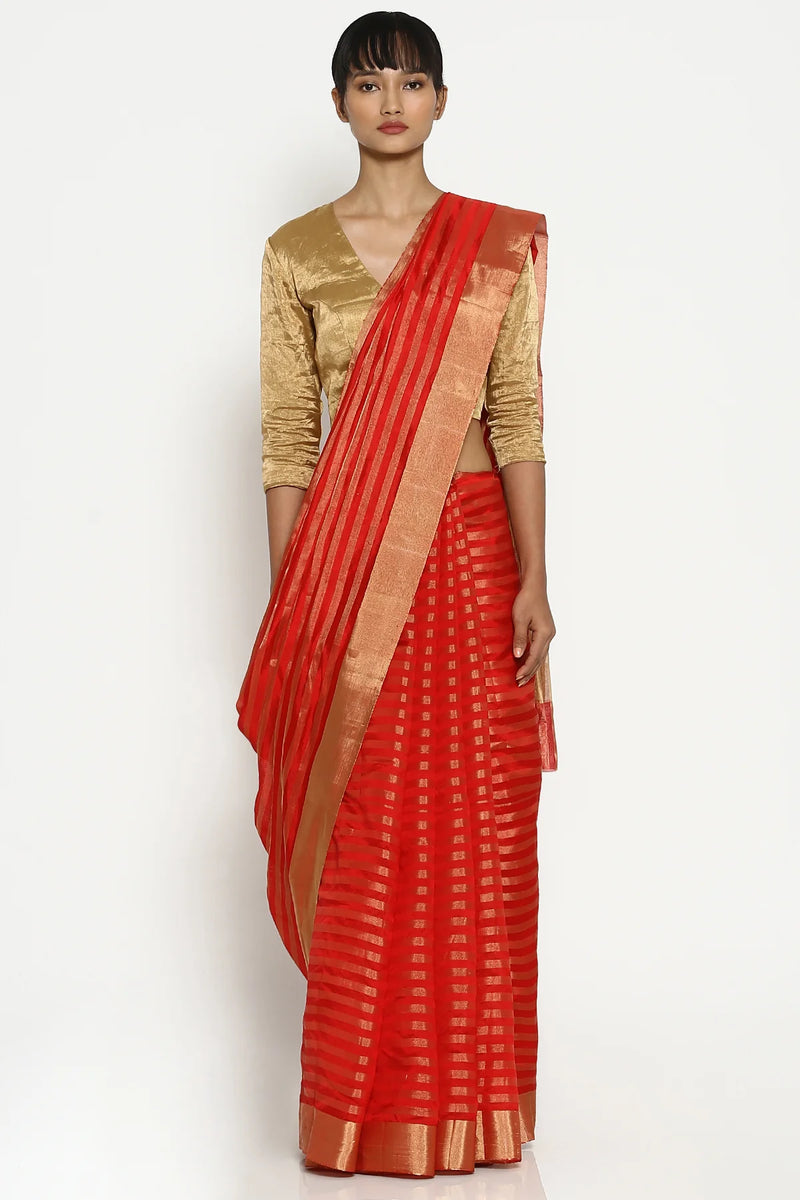 Red gold striped chanderi sari