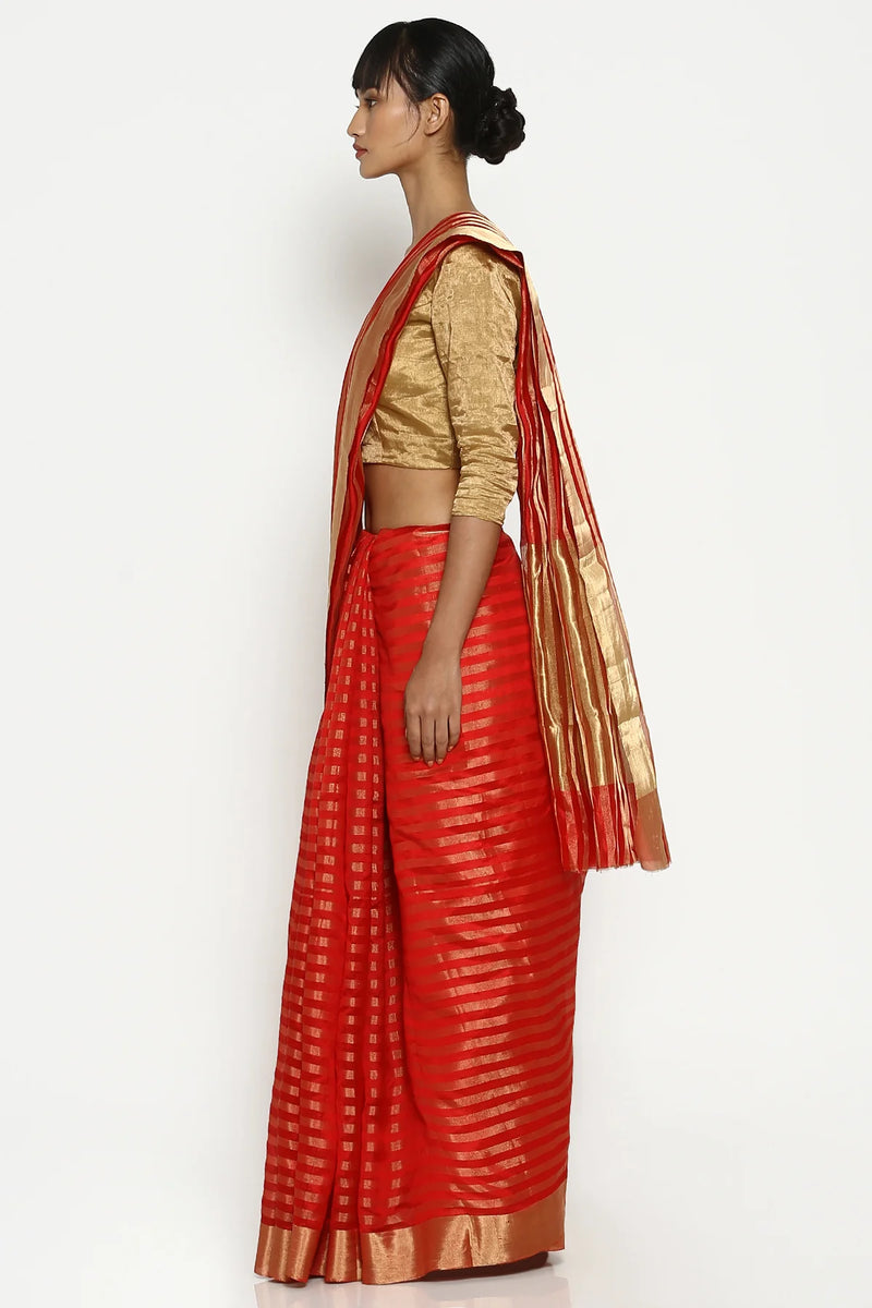 Red gold striped chanderi sari