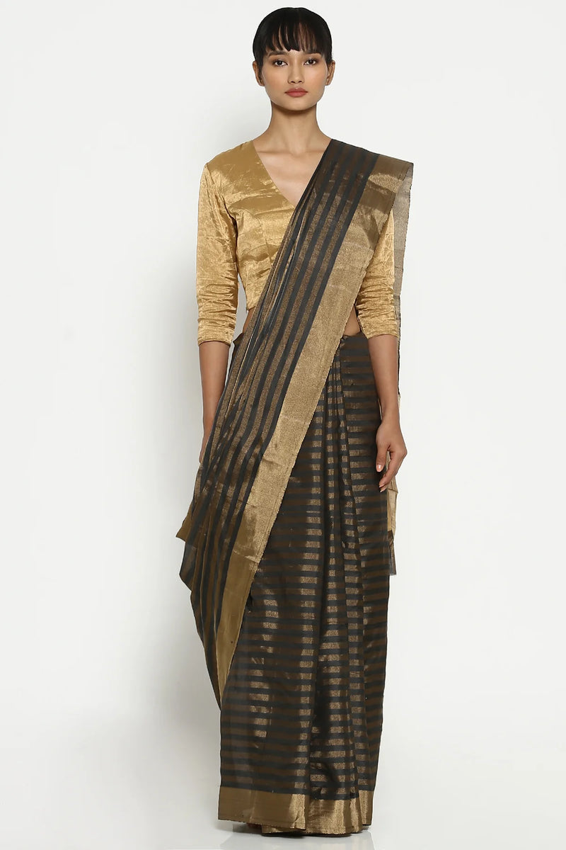 Midnight grey striped chanderi sari