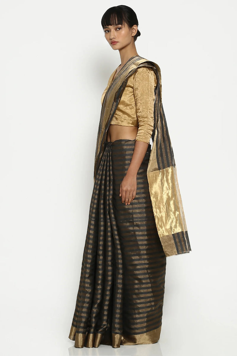 Midnight grey striped chanderi sari