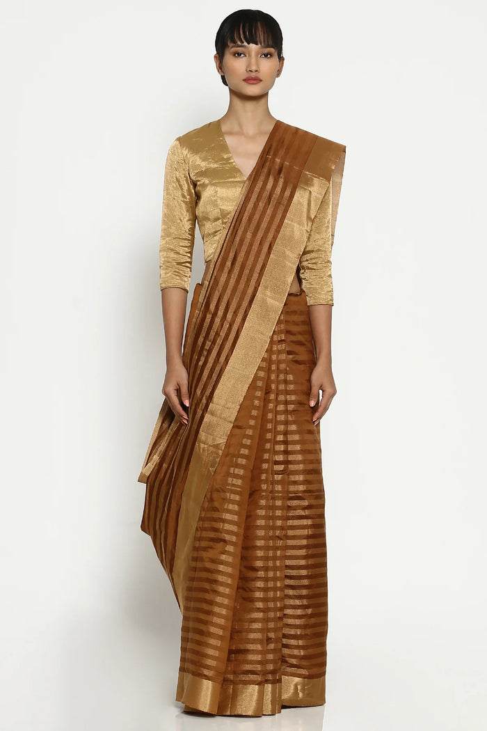 Brown gold striped chanderi sari