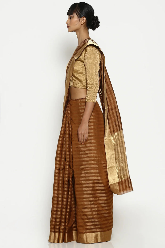 Brown gold striped chanderi sari