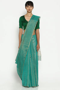 Teal silk tissue chanderi sari