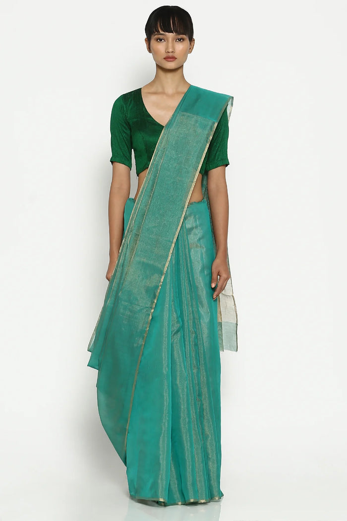 Teal silk tissue chanderi sari