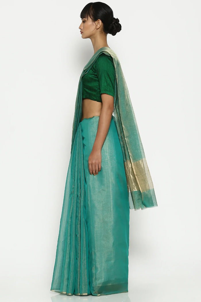 Teal silk tissue chanderi sari