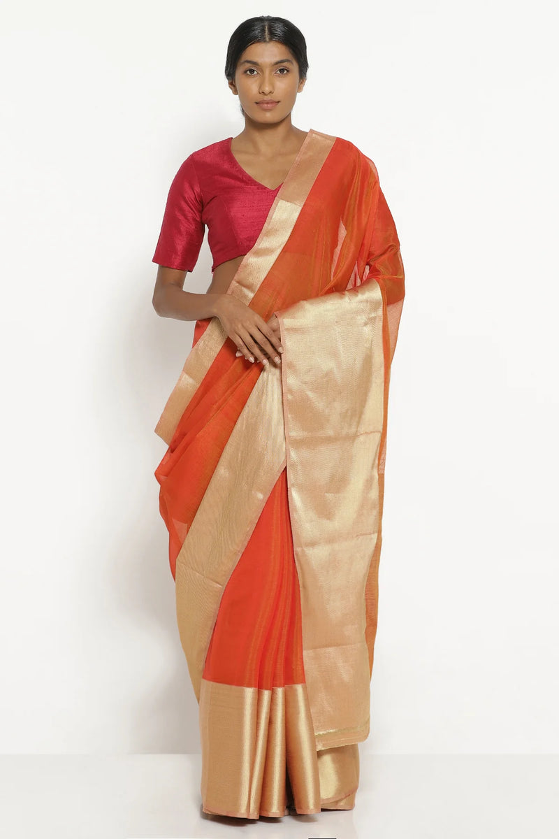 Ochre Orange Silk Cotton Chanderi Saree