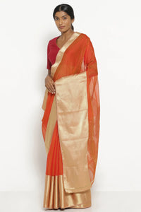 Ochre Orange Silk Cotton Chanderi Saree