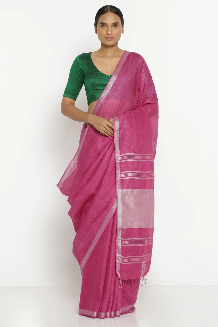 Purple Pure Linen Saree with Silver Zari Border