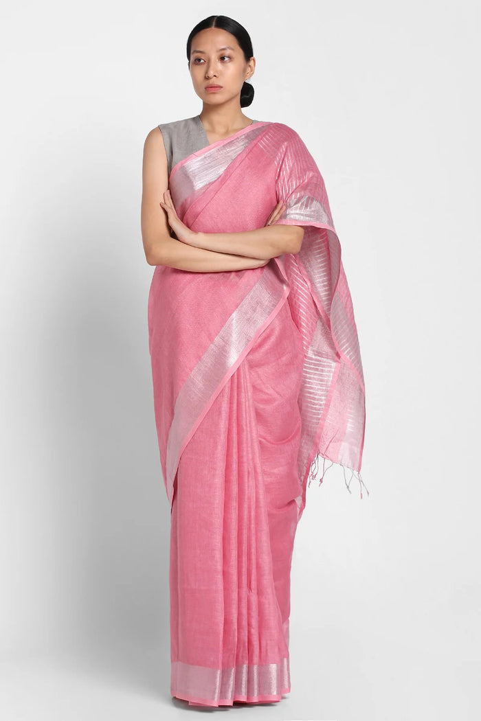 Carnation Pink Linen Saree