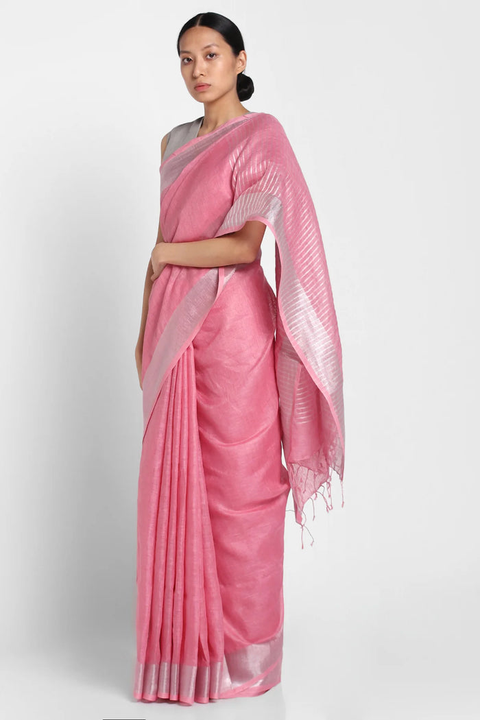 Carnation Pink Linen Saree