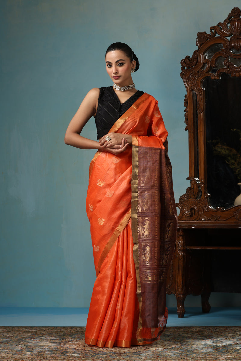 Lily handmade vibrant orange Kosa Silk saree with intricate dancer motif design all over