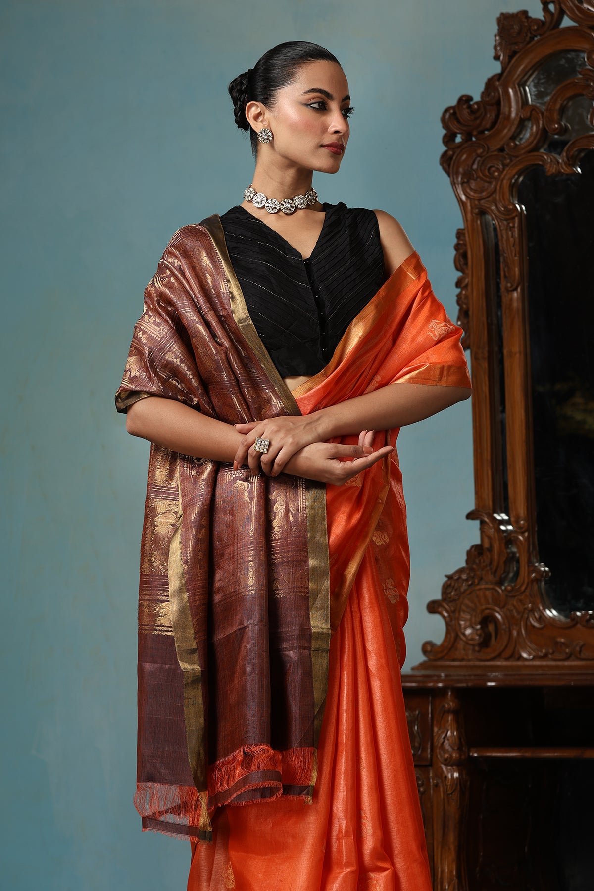 Lily handmade vibrant orange Kosa Silk saree with intricate dancer motif design all over