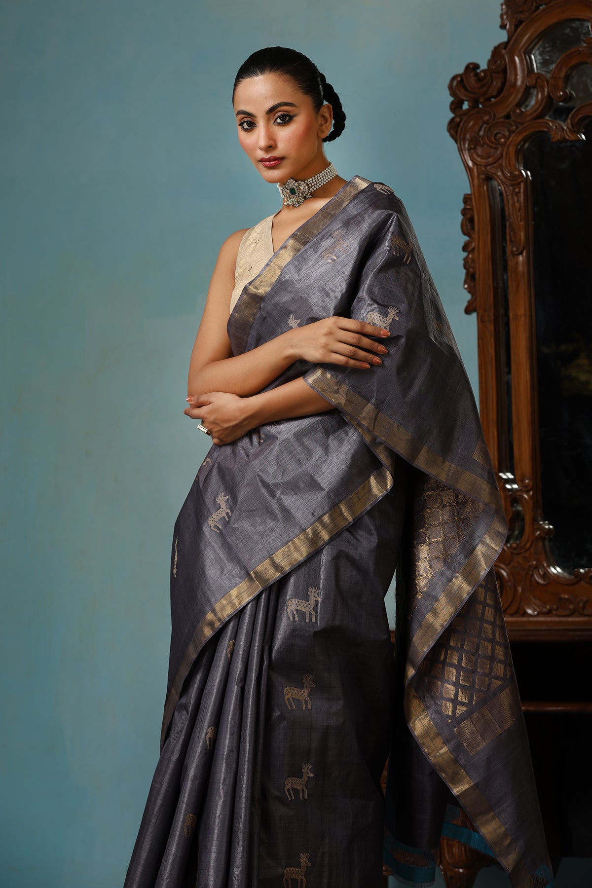 Tulip handmade grey Kosa Silk saree with cheetal hiran (deer) design and square box pattern on the palla