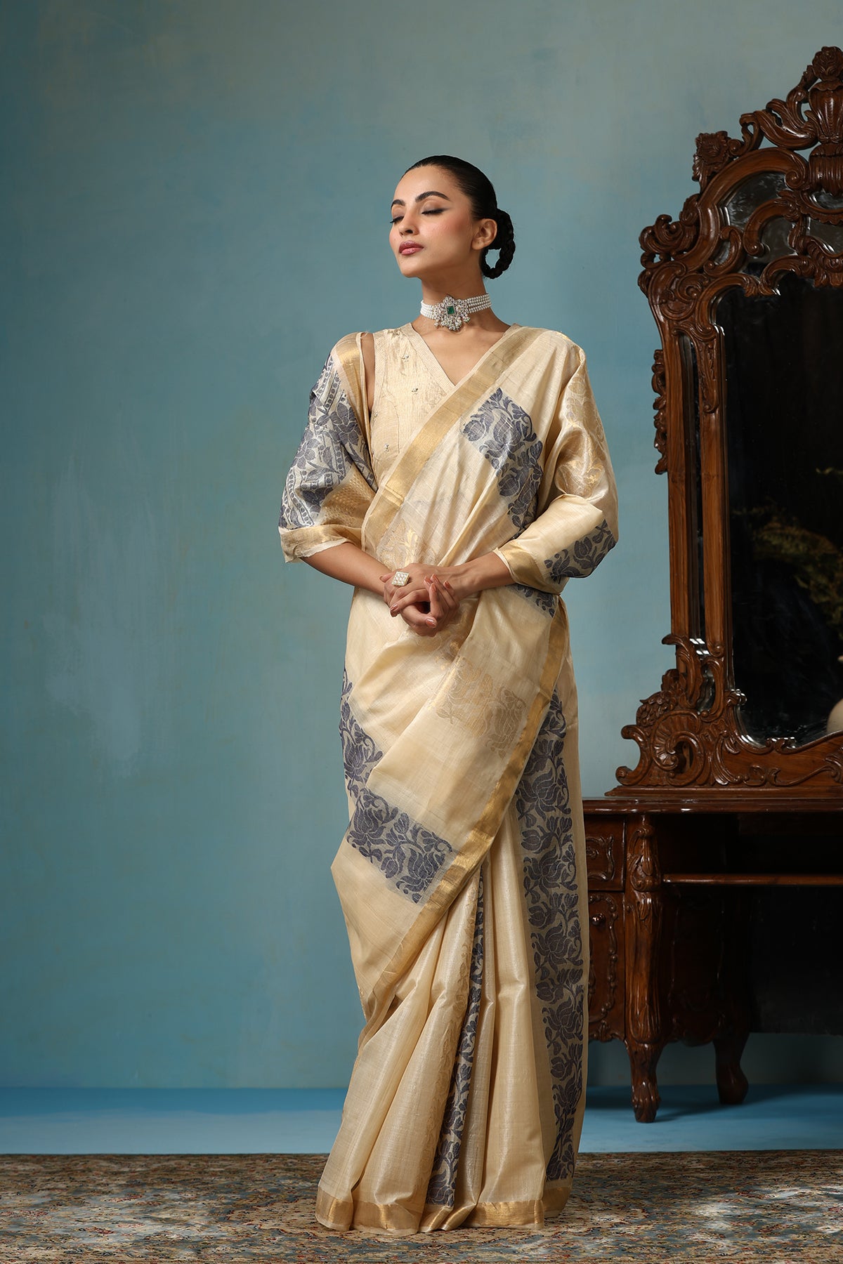 Daisy handmade beige Kosa Silk saree with lotus design and black palla