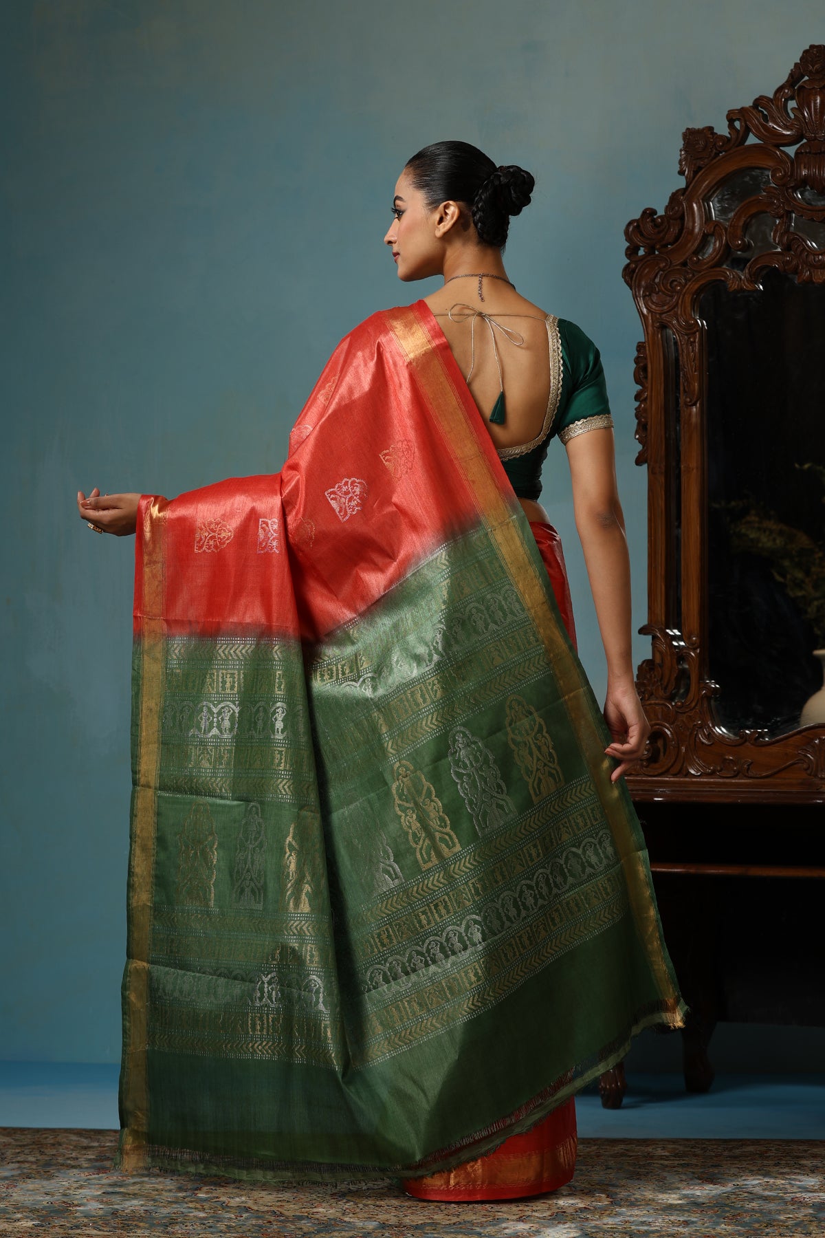 Jasmine handmade vibrant orange Kosa Silk saree with green palla and Chhattisgarhi folk dancer motifs