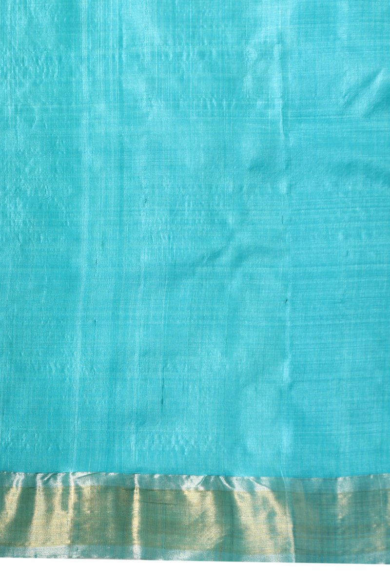 Peony handmade sky blue Kosa Silk saree with duck design and intricate leaf patterns on the palla