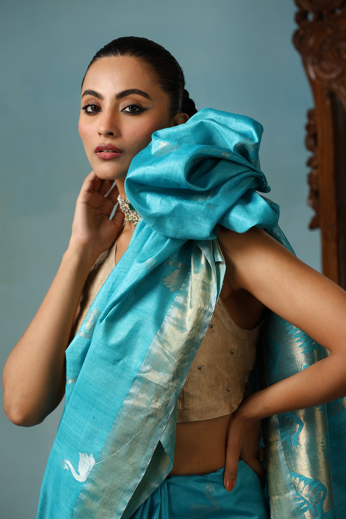 Peony handmade sky blue Kosa Silk saree with duck design and intricate leaf patterns on the palla