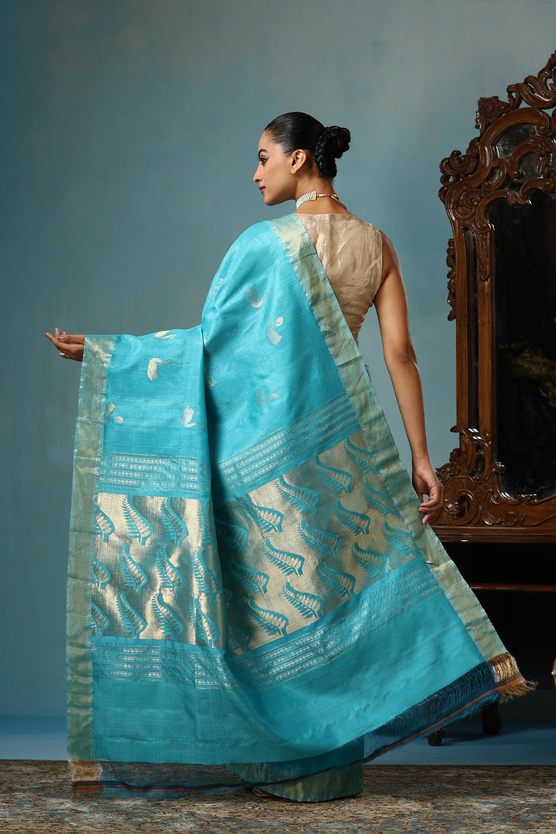 Peony handmade sky blue Kosa Silk saree with duck design and intricate leaf patterns on the palla