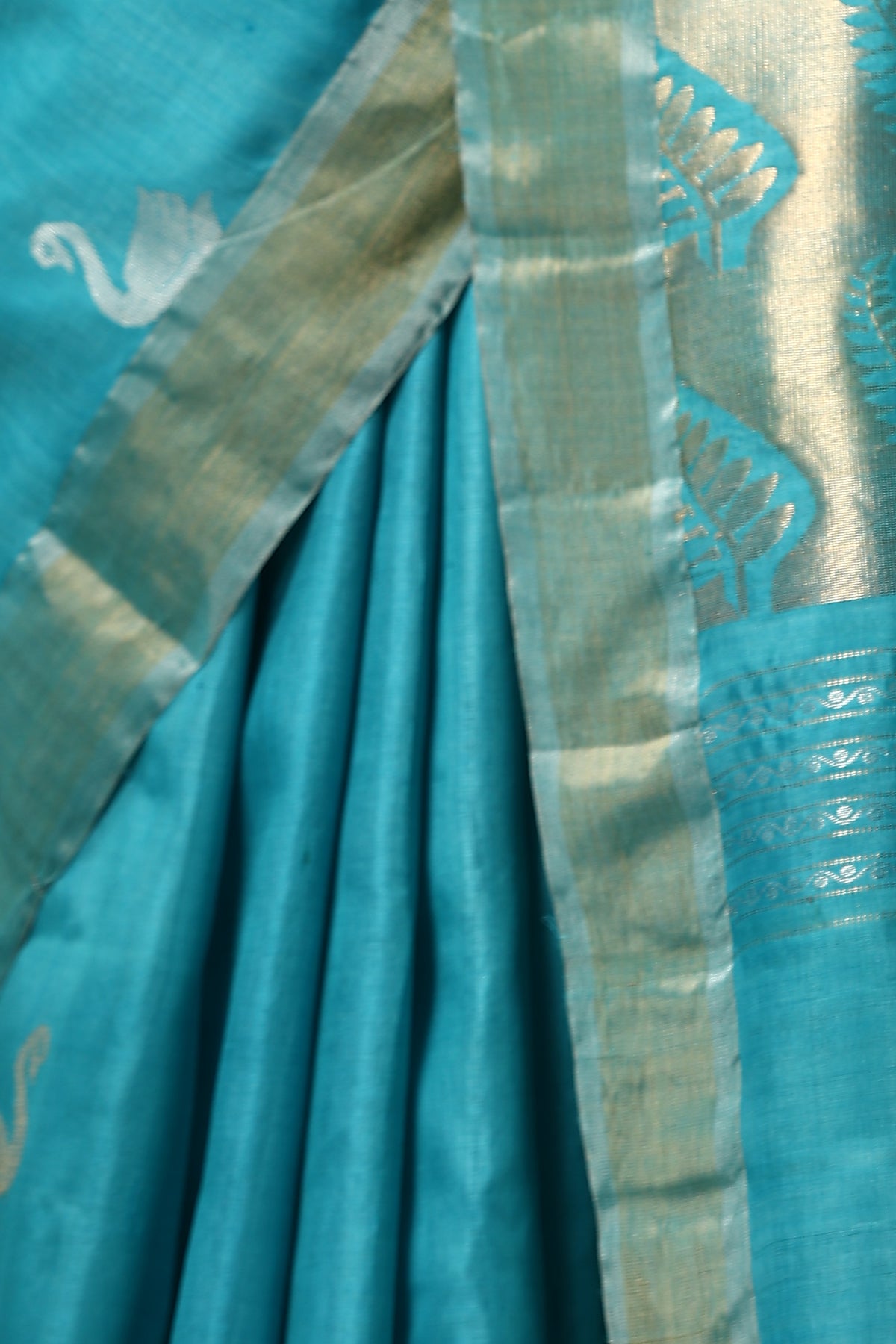 Peony handmade sky blue Kosa Silk saree with duck design and intricate leaf patterns on the palla