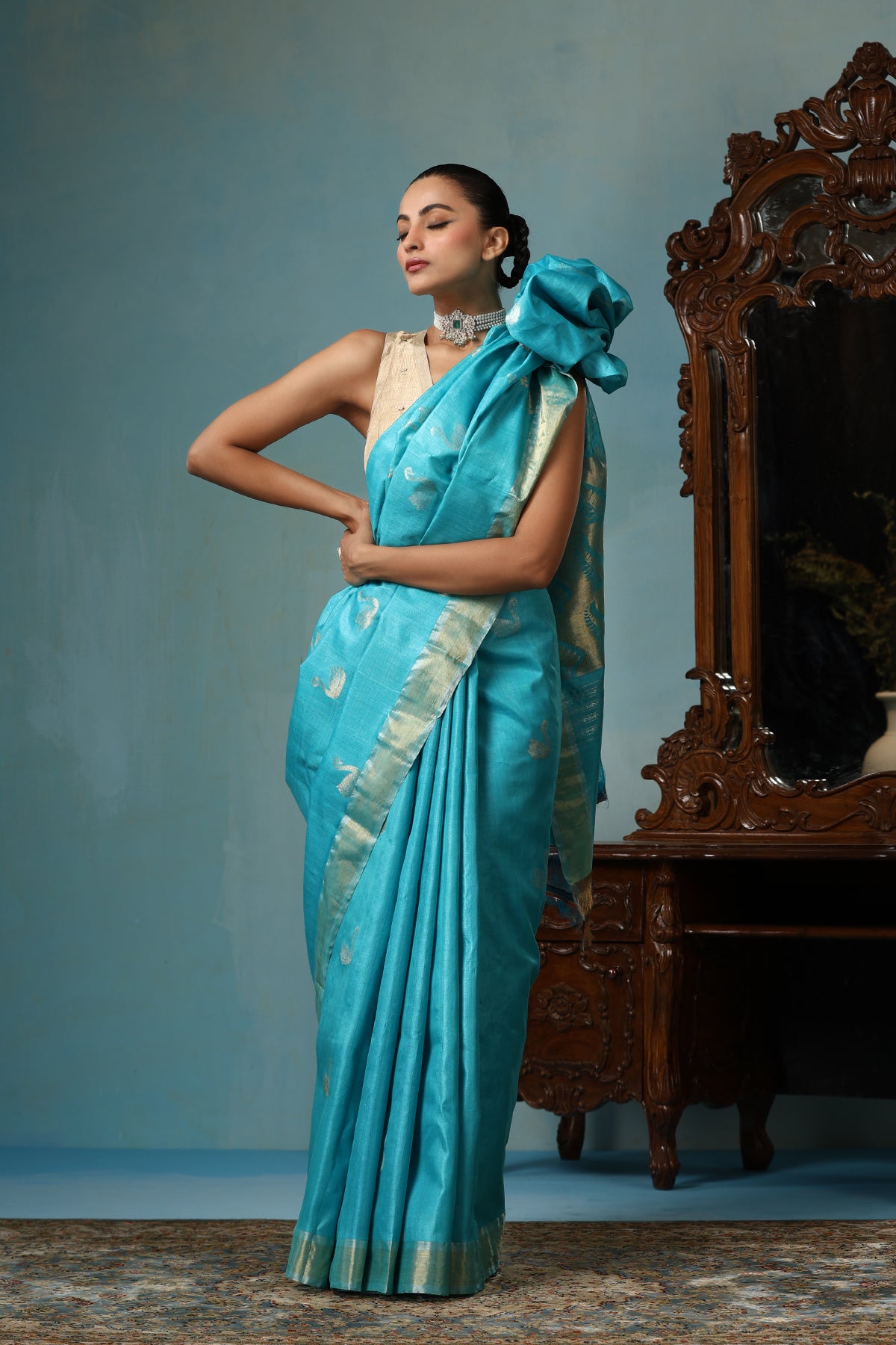 Peony handmade sky blue Kosa Silk saree with duck design and intricate leaf patterns on the palla