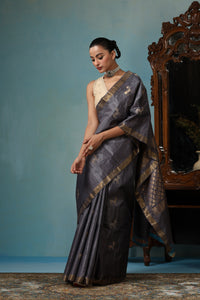 Tulip handmade grey Kosa Silk saree with cheetal hiran (deer) design and square box pattern on the palla