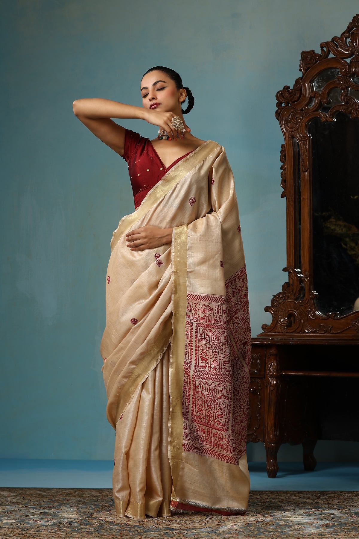 Magnolia handmade beige Kosa Silk saree with Chhattisgarh tribal art on the palla