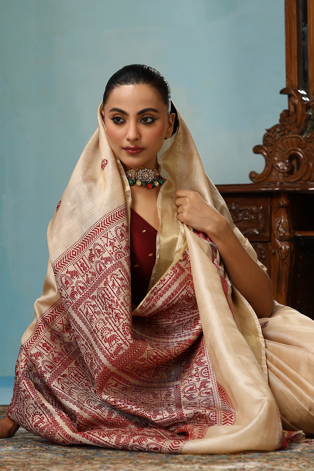 Magnolia handmade beige Kosa Silk saree with Chhattisgarh tribal art on the palla